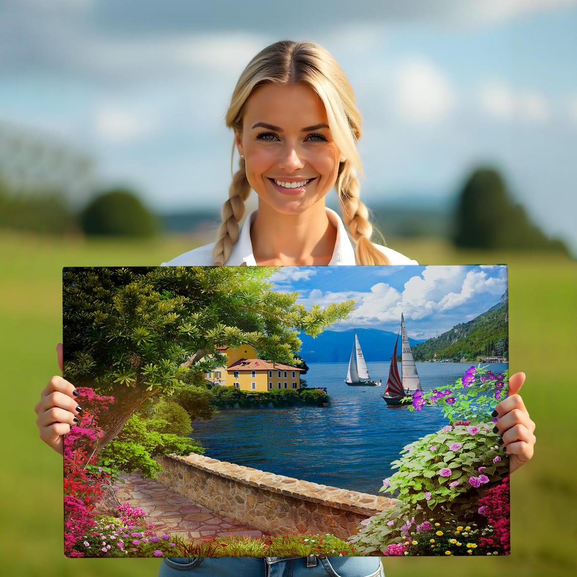 Lakeside Villa Terrace Flower Path Sailboats Mountain View Poster - Image 5