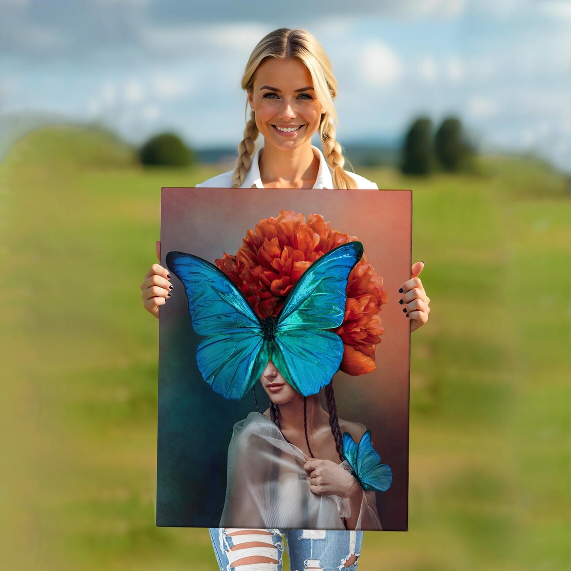 Surreal Blue Butterfly Woman Portrait Orange Flowers Art Poster - Image 5