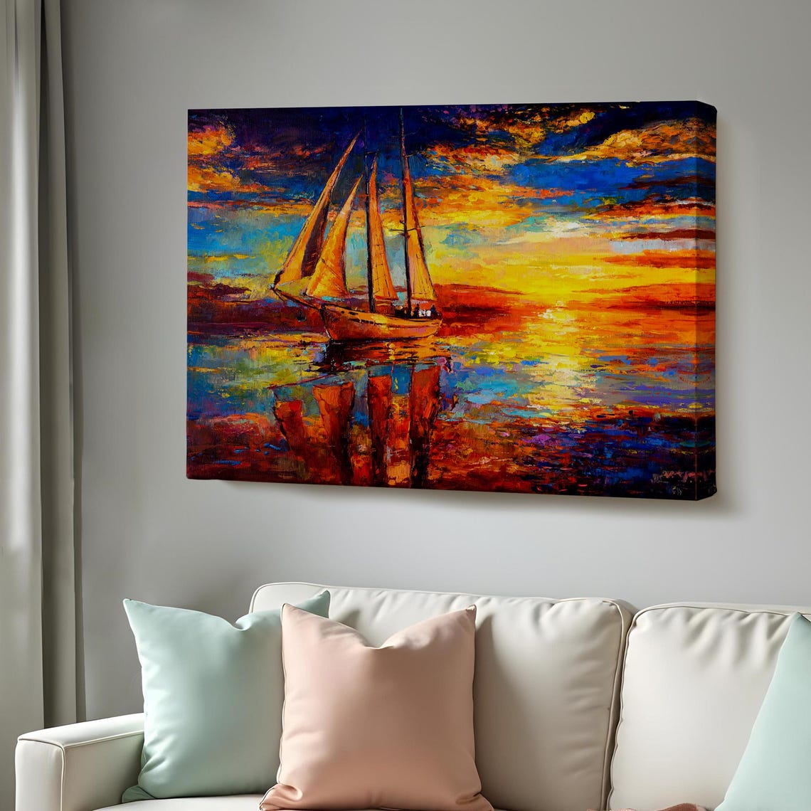 Tall Ship Sunset Sailing Vibrant Orange Ocean Oil Painting Print