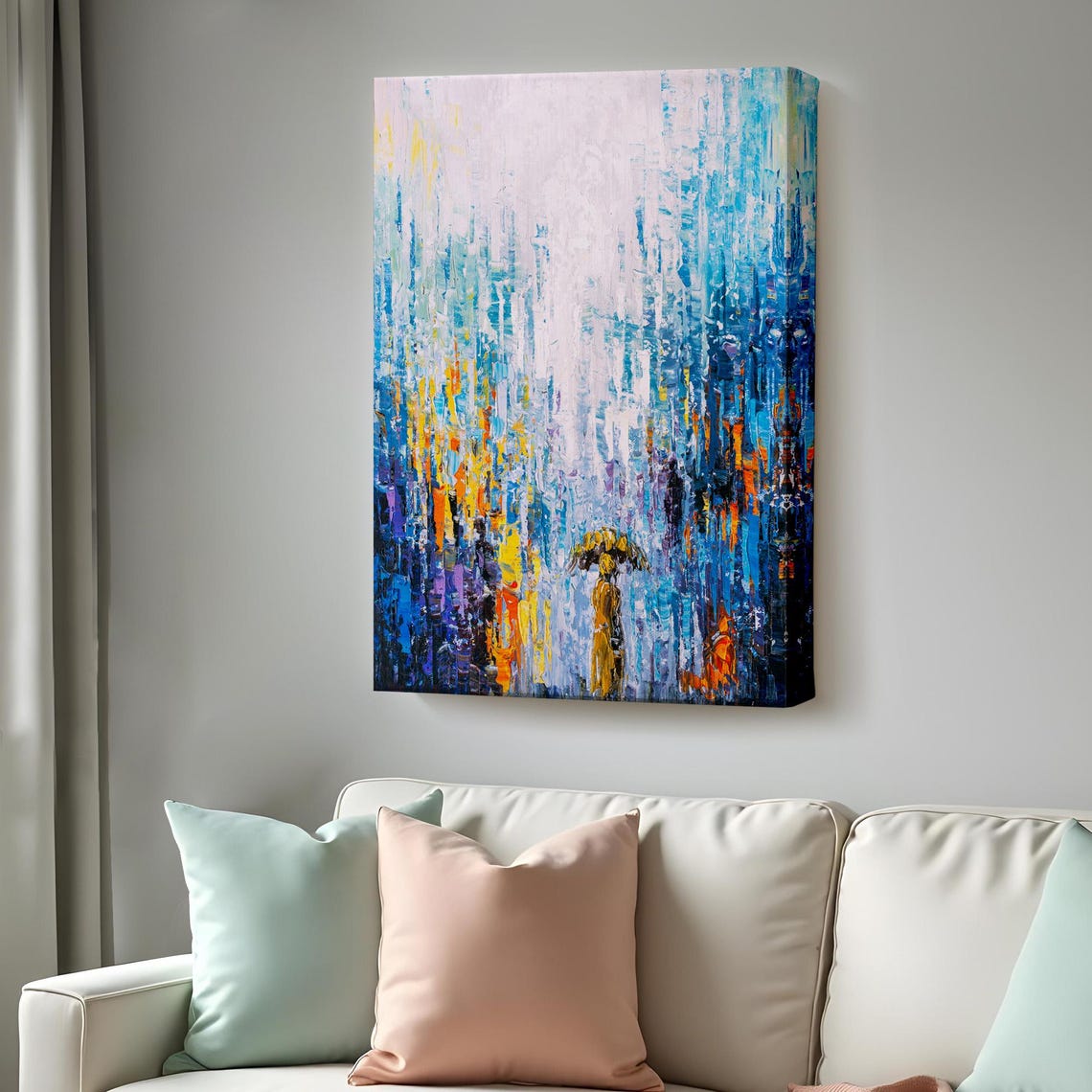 Abstract Rainy Day Blue Rain Streaks Umbrella Figure Painting Poster