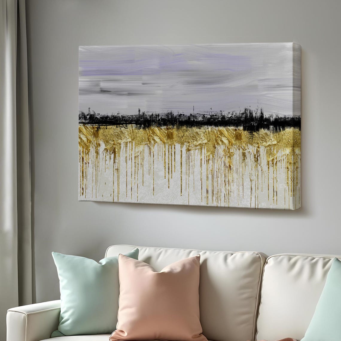 Abstract City Skyline Black Silhouette Gold Drips Modern Art Poster