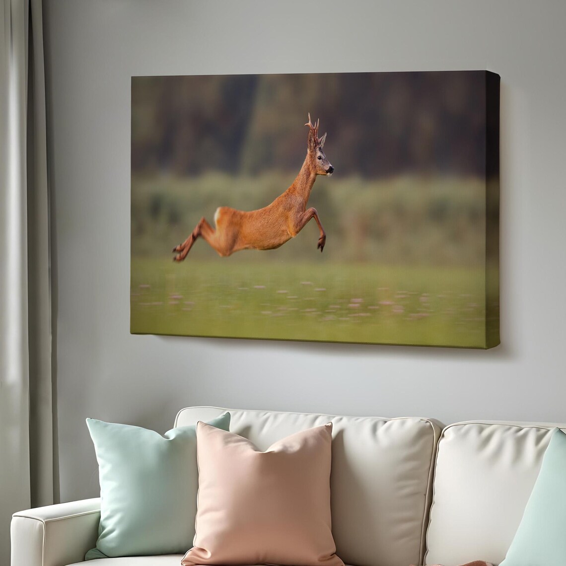 Leaping Roe Deer Buck Wildlife Meadow Action Photography Wall Art