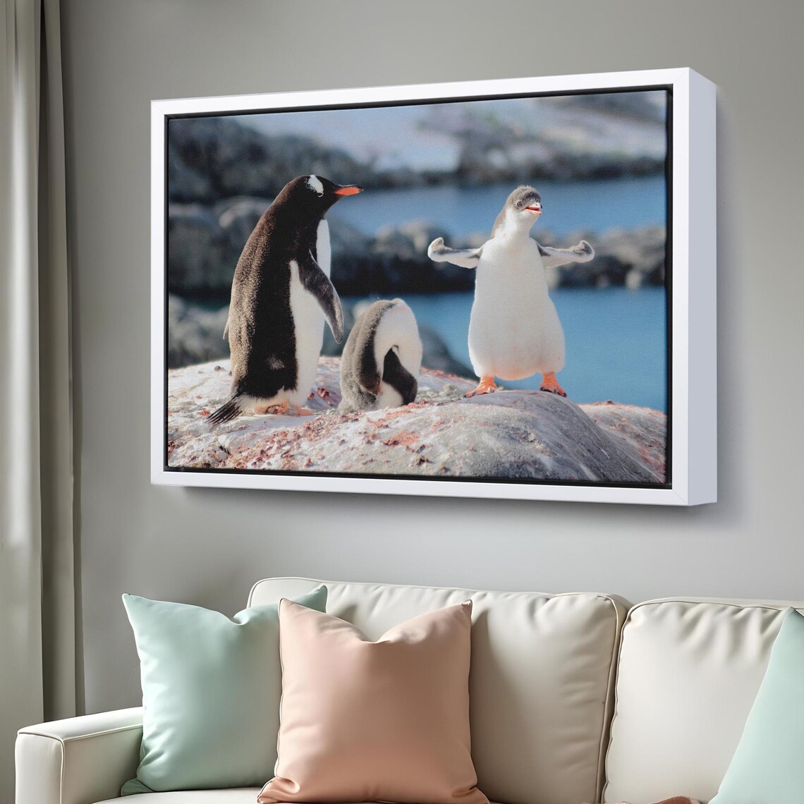 Happy Penguin Family Rocky Shore Cute Baby Penguin Photography Poster - Image 3