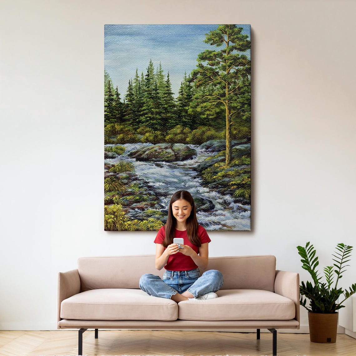 Mountain Stream Flowing Through Pine Forest Rocks Nature Art Poster - Image 3