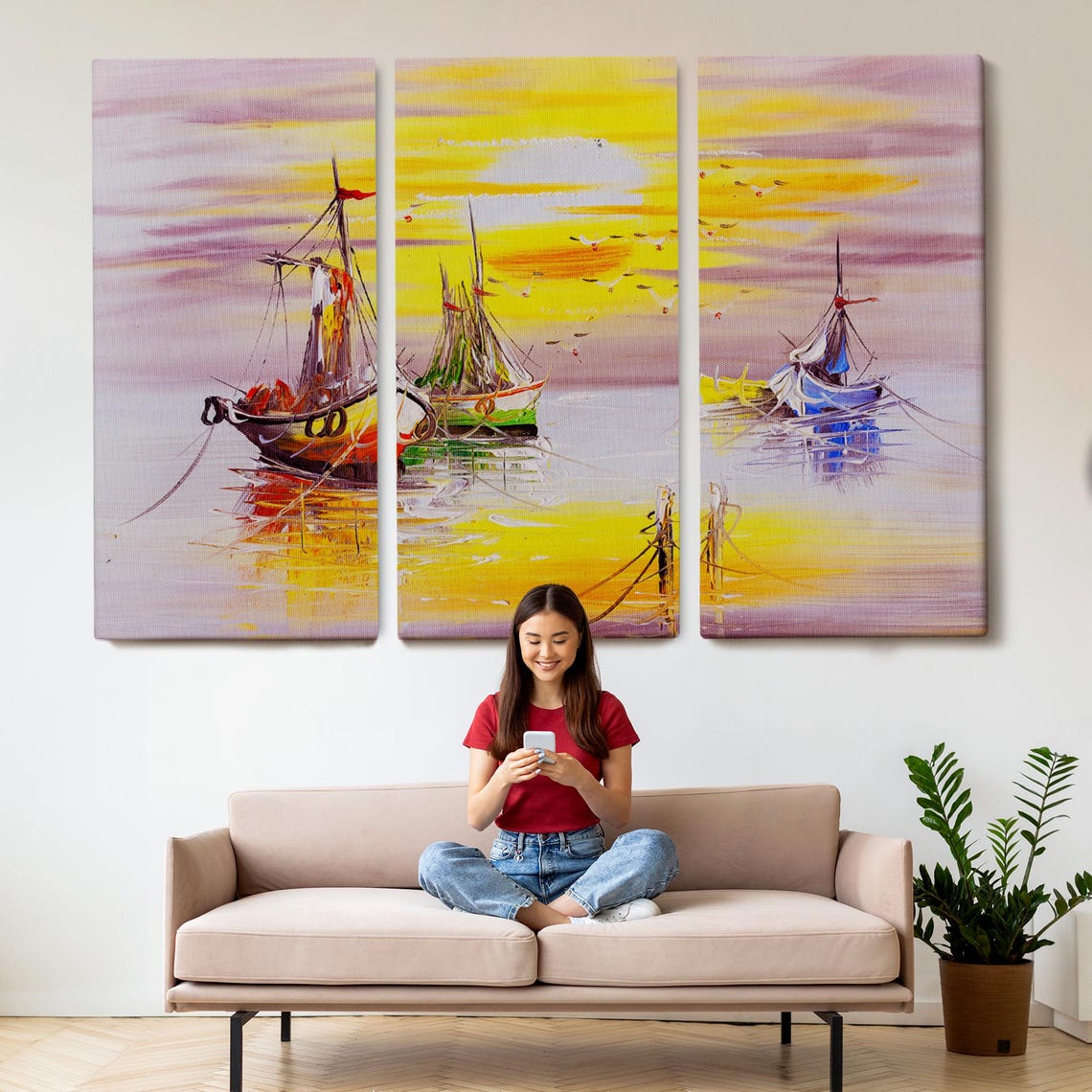 Sailboats Sunset Harbor Golden Sky Impressionist Seascape Poster - Image 2