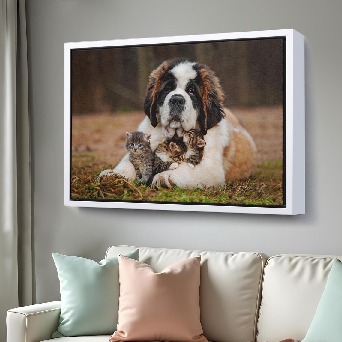 Saint Bernard Dog Cuddling Three Tiny Kittens Adorable Pets Photo Poster - Image 3