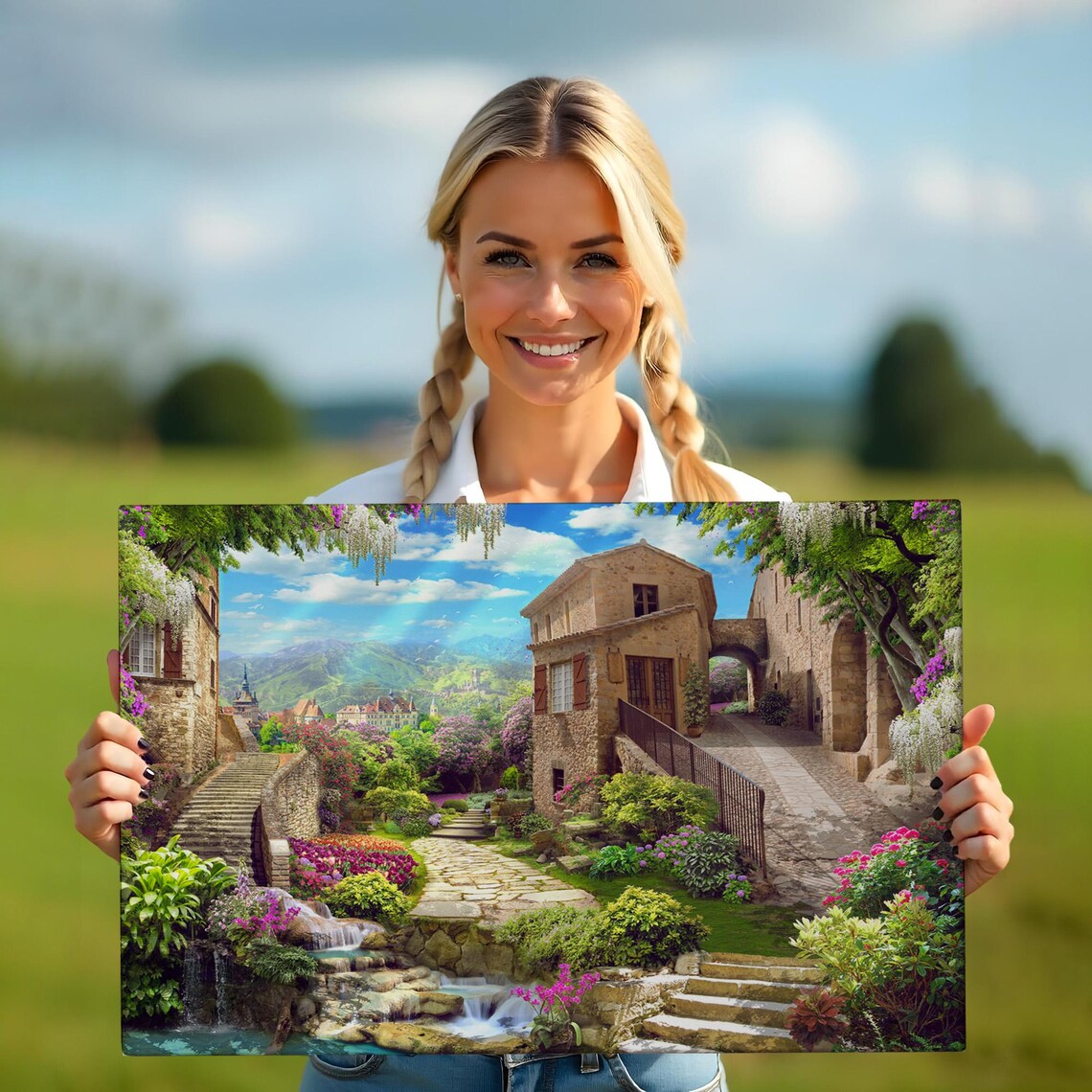 Stone Village Waterfall Flower Gardens Mountain View Europe Poster - Image 5