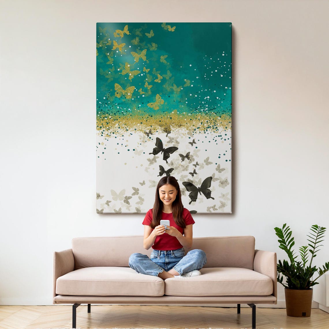 Gold Black Butterflies on Teal Elegant Modern Abstract Canvas Wall Art - Image 3