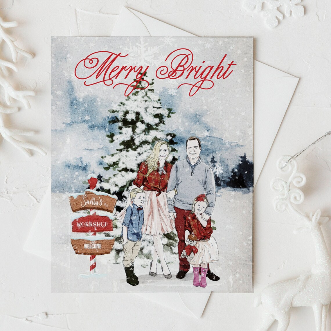 Merry Bright Watercolor Christmas Family Portrait Holiday Card Poster