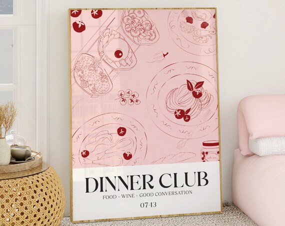 Dinner Club Print Unframed Dinner Party Line Art Illustration Poster Kitchenliving Roomdining Room