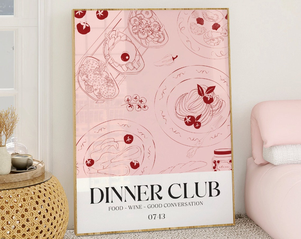 Dinner Club Retro Line Art Pink Dining Room Kitchen Wall Decor Poster