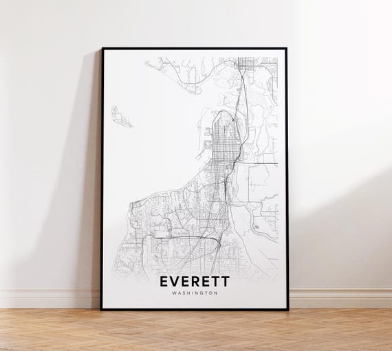 Everett City Map Print Street Poster Washington Art Road Wall Office Decor