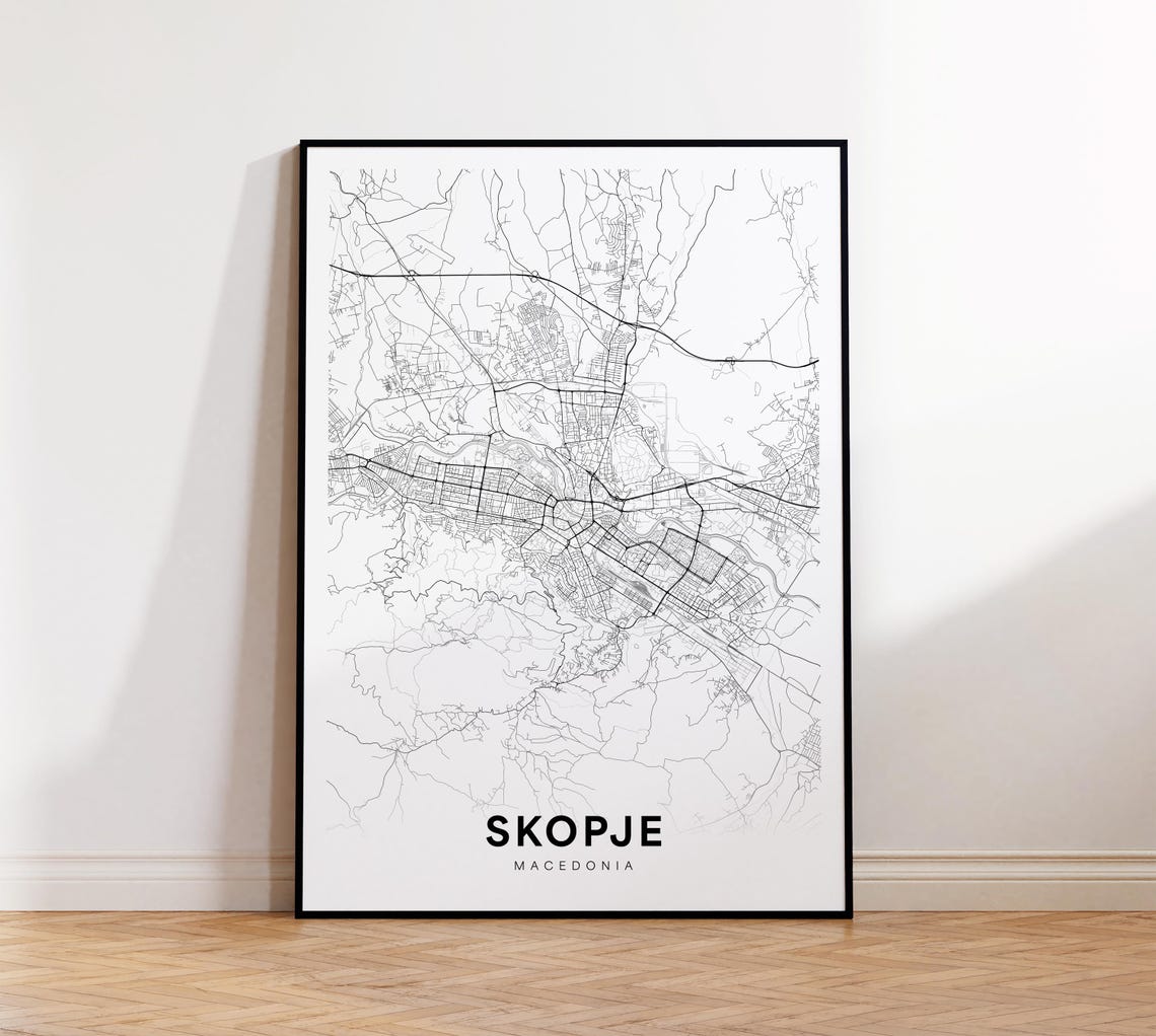 Skopje Macedonia Minimalist Black Line City Street Map Poster
