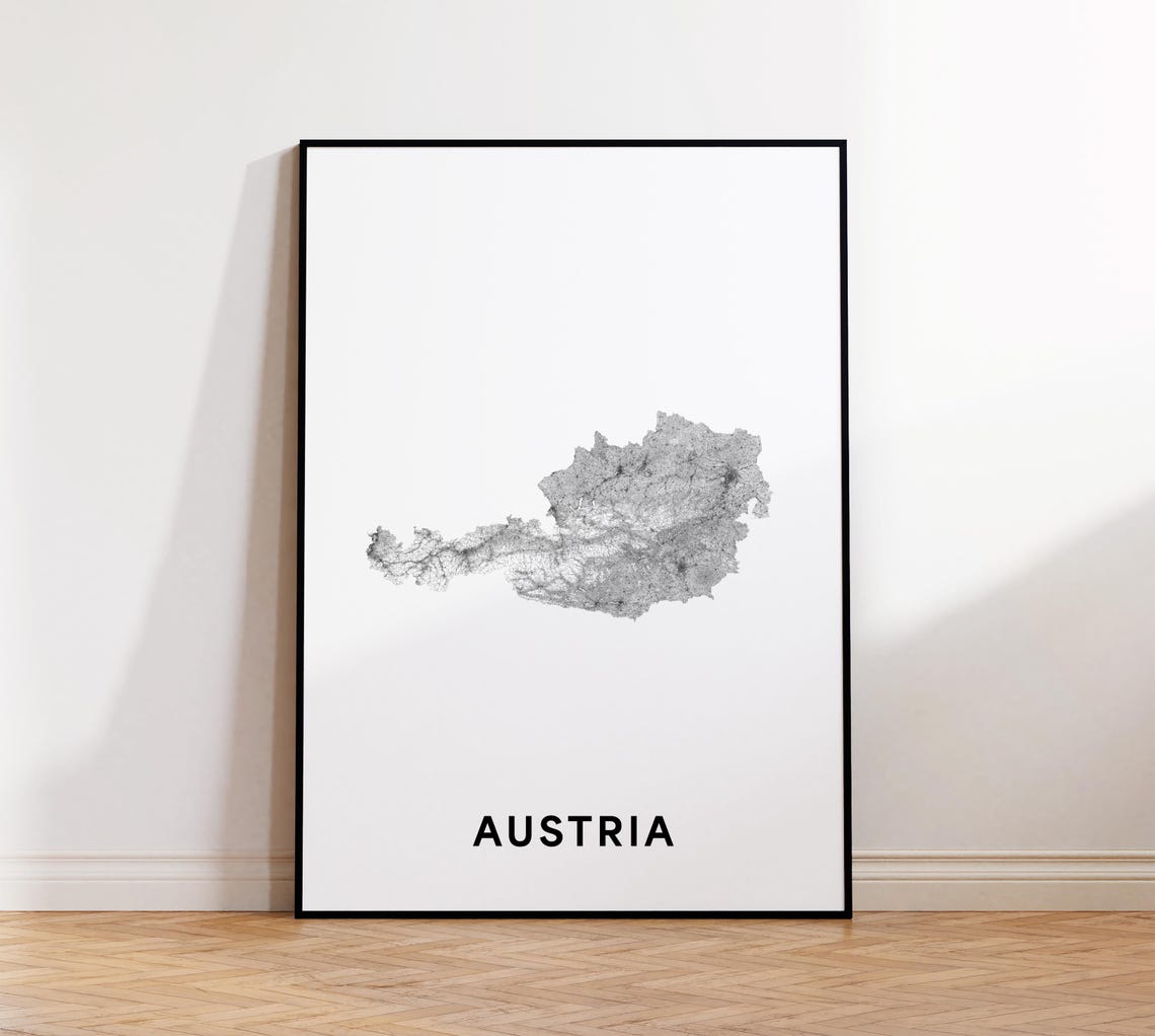 Austria Country Silhouette Minimalist Road Map Line Art Poster