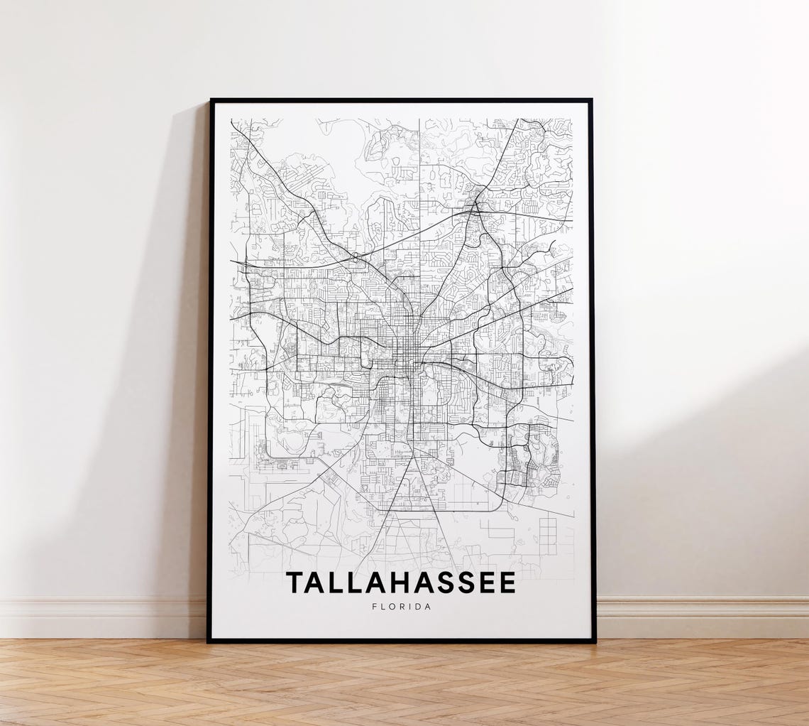 Tallahassee Florida Minimalist Black Line City Street Map Poster