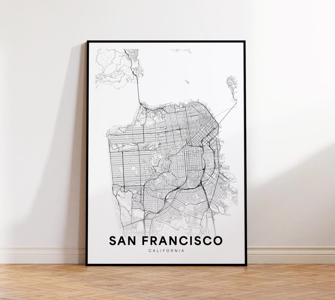 San Francisco California City Street Map Black White Poster Art