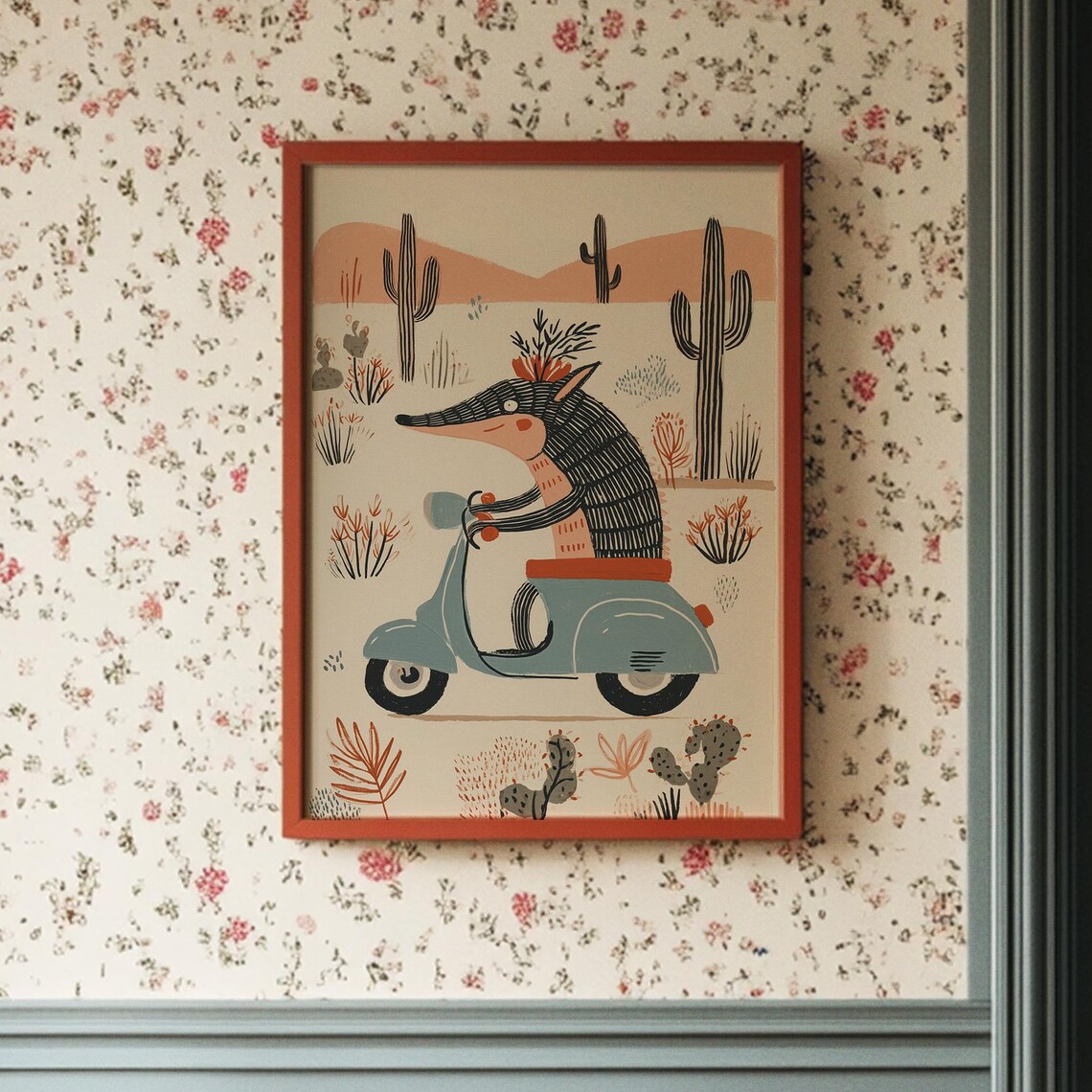 Funny Whimsical Armadillo Riding Scooter Desert Cactus Art Poster