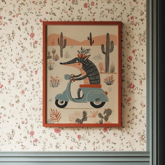 Whimsical Desert Armadillo Riding Scooter Illustration