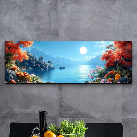 Autumn Lakeshore Orange Trees Mirror Lake Mountain Scene Poster