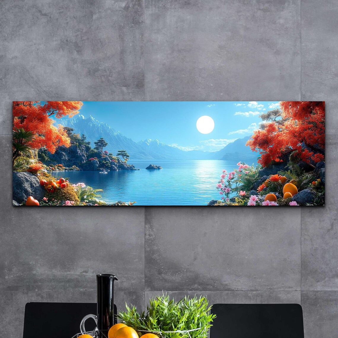 Autumn Lakeshore Orange Trees Mirror Lake Mountain Scene Poster