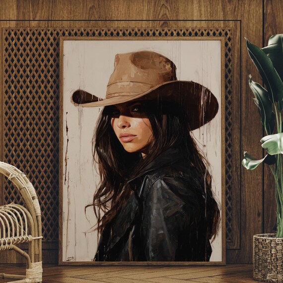 Brunette Cowgirl In Wide Brim Hat Dark Jacket Portrait Poster