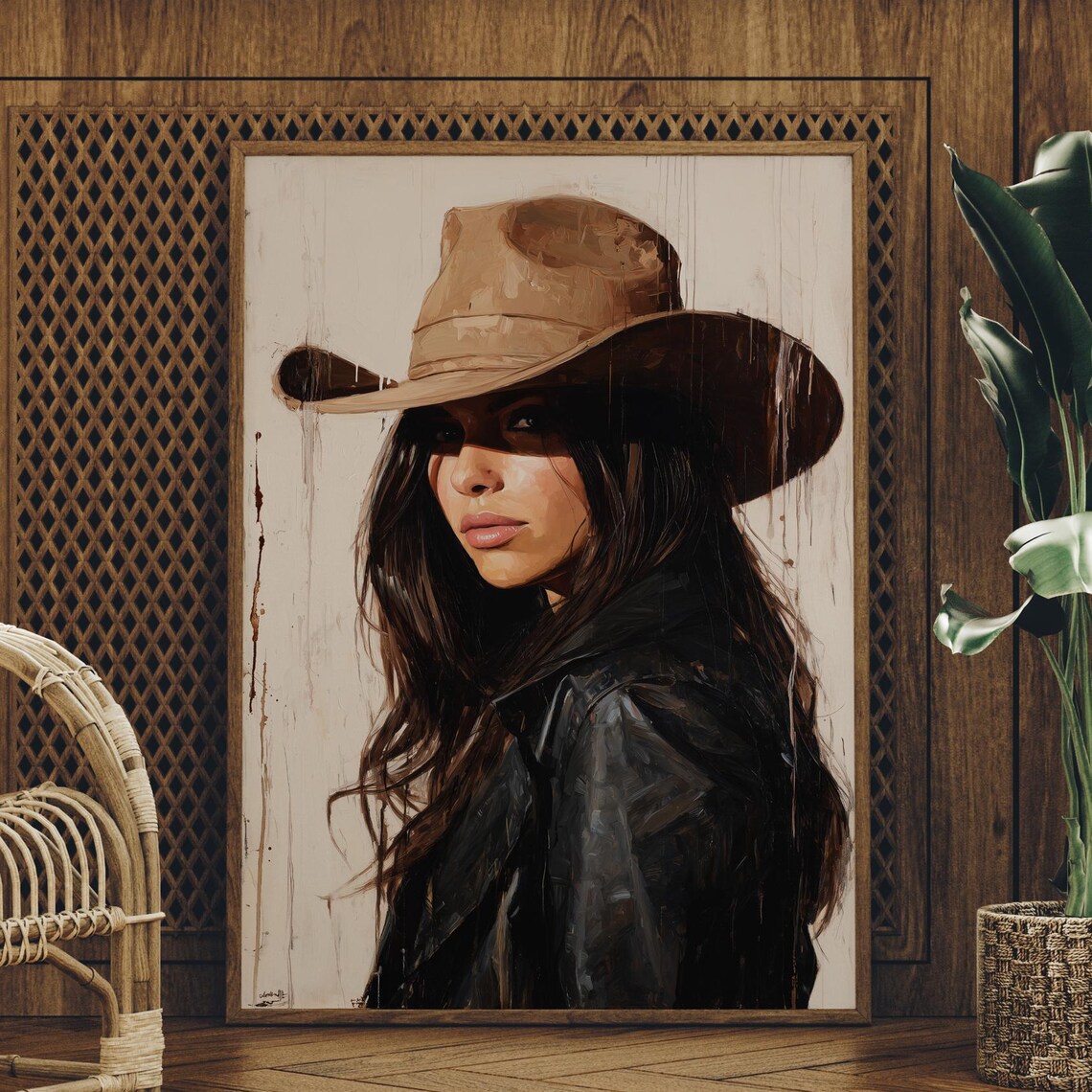 Brunette Cowgirl In Wide Brim Hat Dark Jacket Portrait Poster