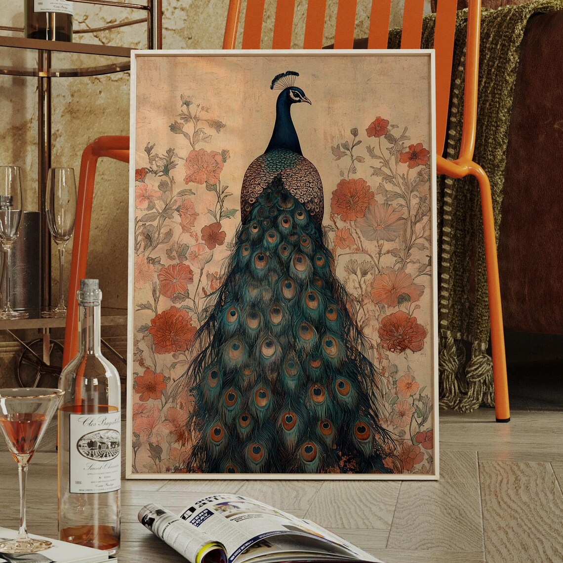 Regal Peacock Print with Charming Vintage Pink Blossom Backdrop