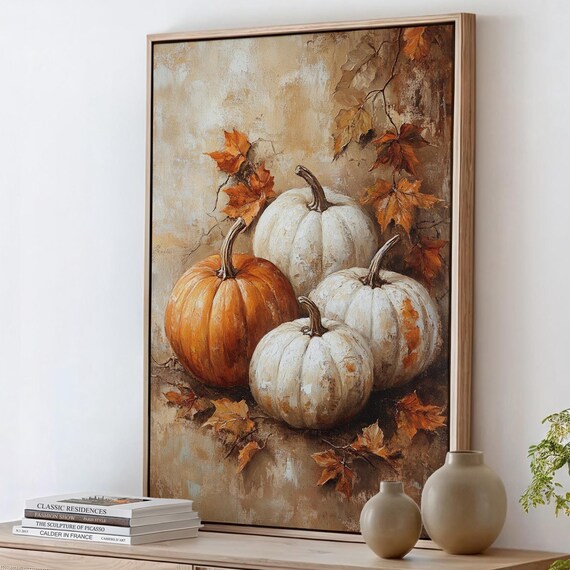 White and Orange Pumpkins Autumn Harvest Still Life Oil Painting Poster