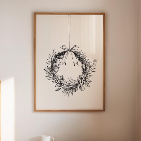 Christmas Wreath Line Drawing Minimalist Black And White Holiday Print