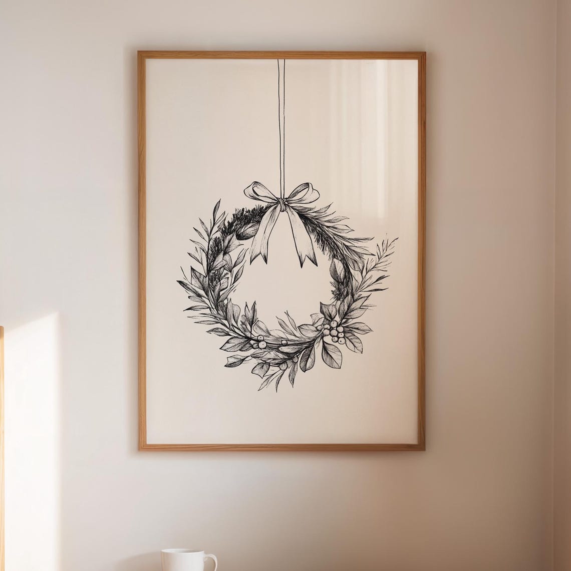 Christmas Wreath Line Drawing Minimalist Black And White Holiday Print