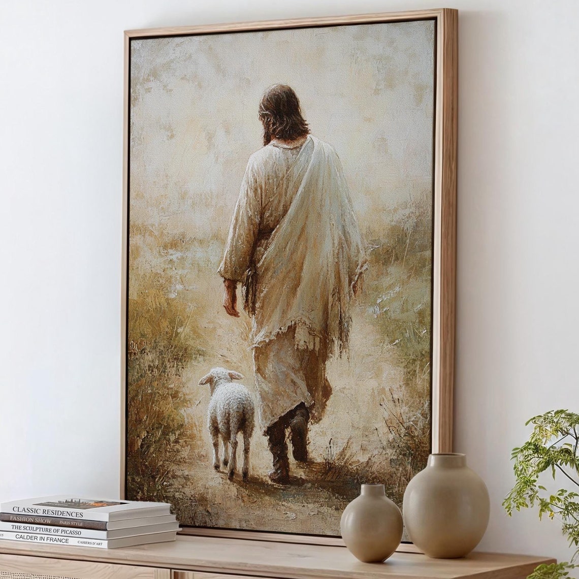 Jesus Walking Down a Country Path With a Lamb Following Behind Poster