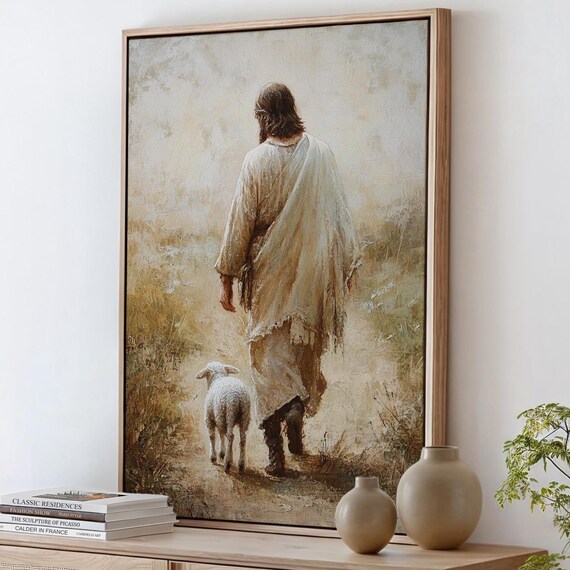 Jesus Walking Down a Country Path With a Lamb Following Behind Poster