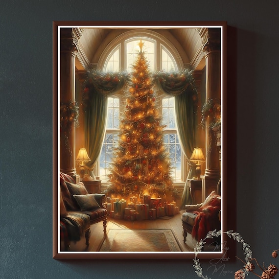 Christmas Tree by the Window Cozy Holiday Living Room Art Poster