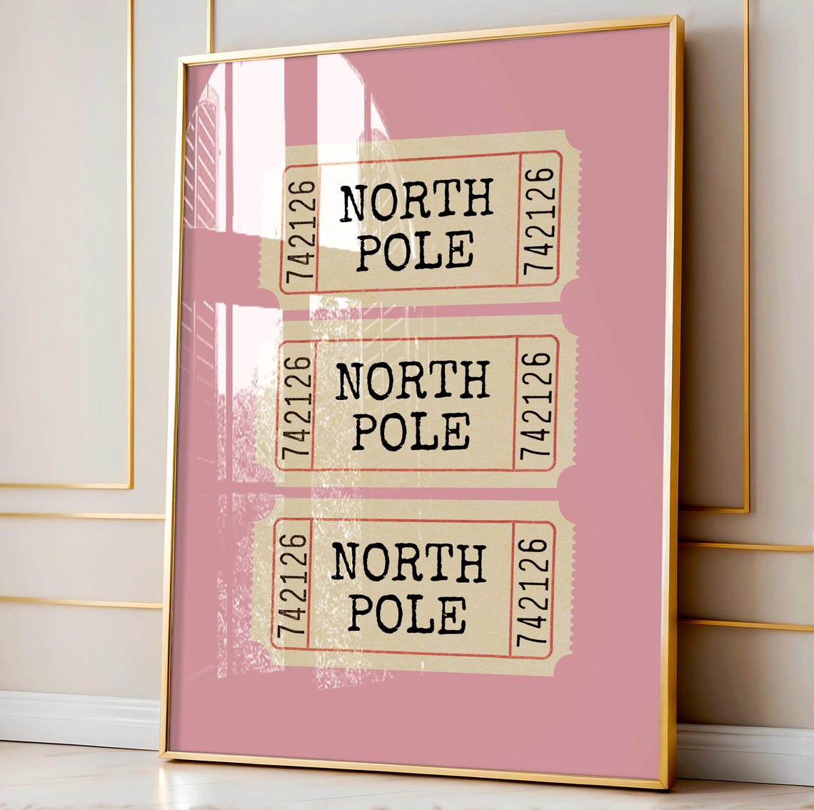 North Pole Ticket Print Pink Christmas Coquette Cute Holiday Decor Bow Wall Art