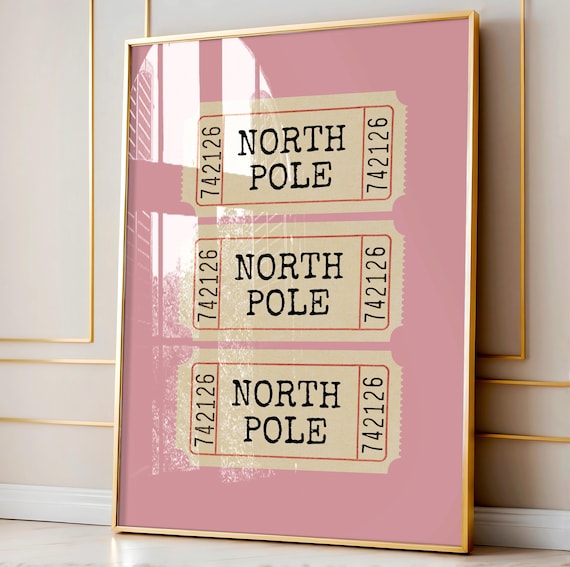 North Pole Vintage Ticket Stub Trio Pink Christmas Holiday Poster