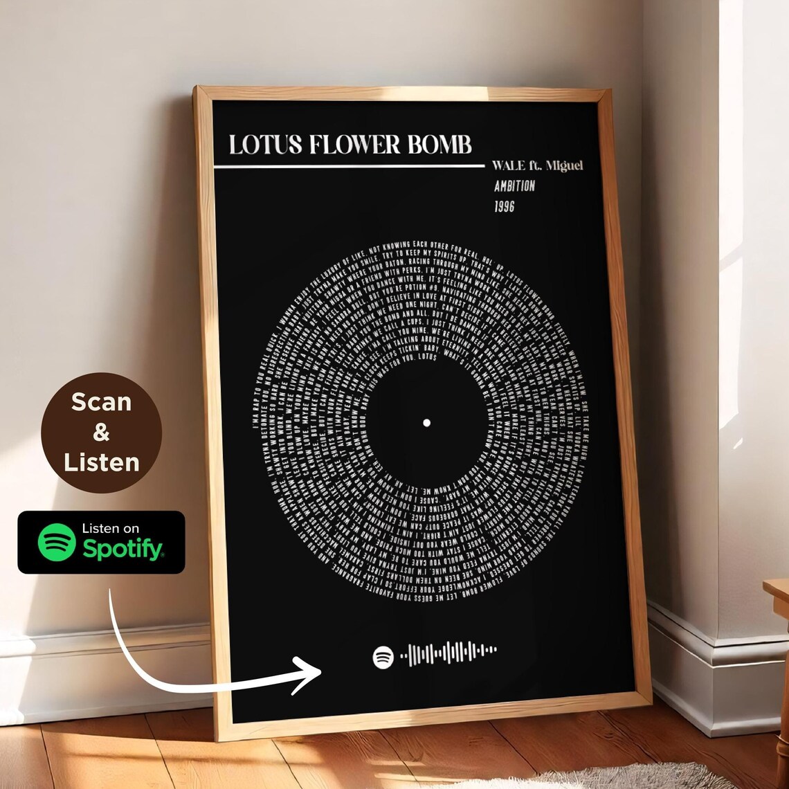 Custom Vinyl Lyrics Poster, Scannable Spotify Code