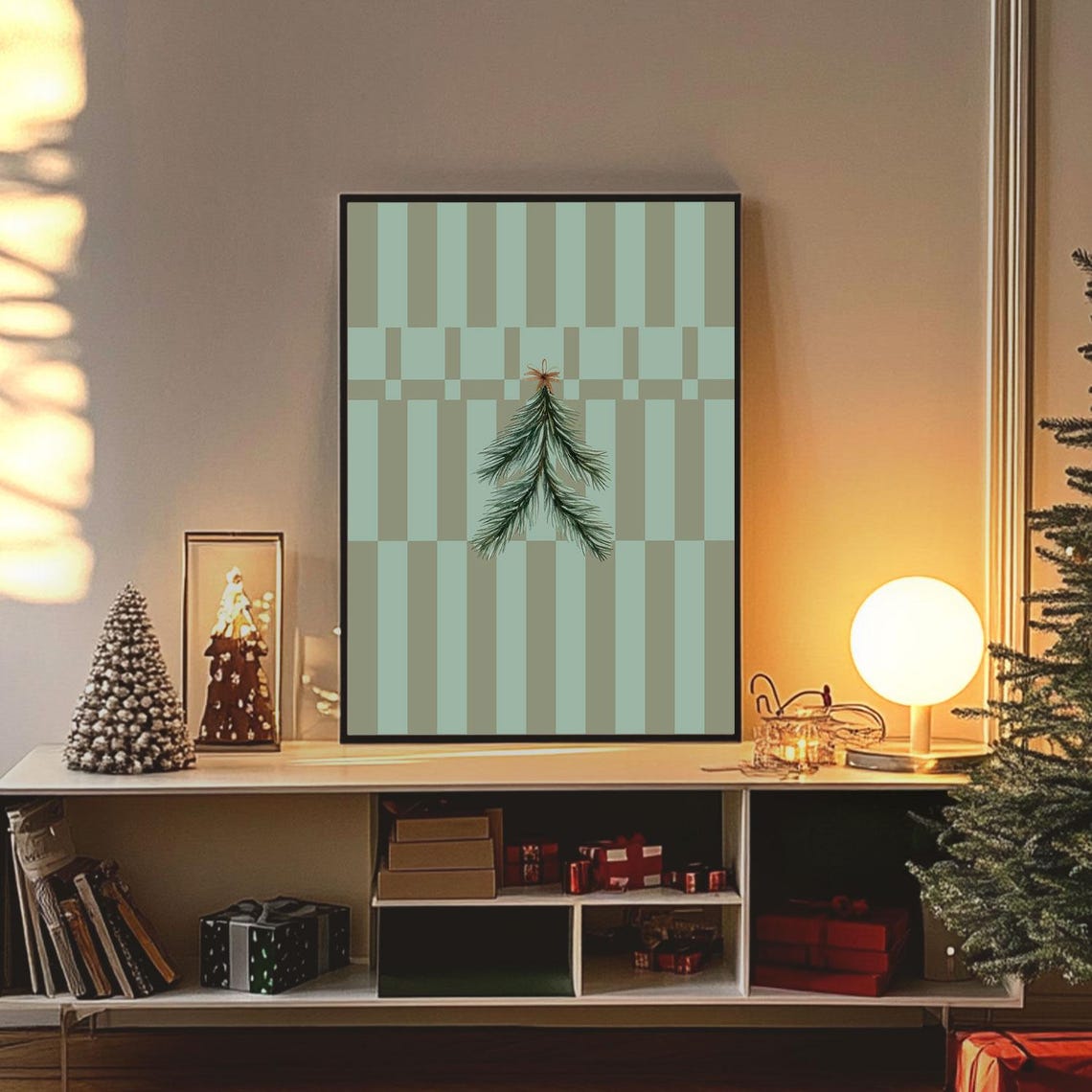 Simple Pine Sprig Ornament on Sage Stripes Christmas Art Poster - Image 3