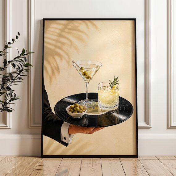 Martini Cocktail Vinyl Record Waiter Tray Rosemary Drink Bar Art Poster