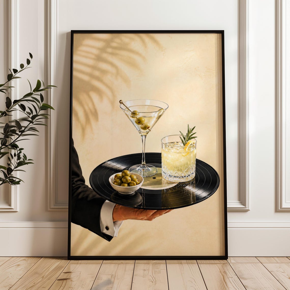 Martini Cocktail Poster Vinyl Record Waiter Tray Rosemary Drink Elegant Home Bar Wall Art