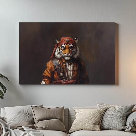 Regal Tiger Pirate Bandana Oil Portrait Dramatic Jungle Cat Art Poster