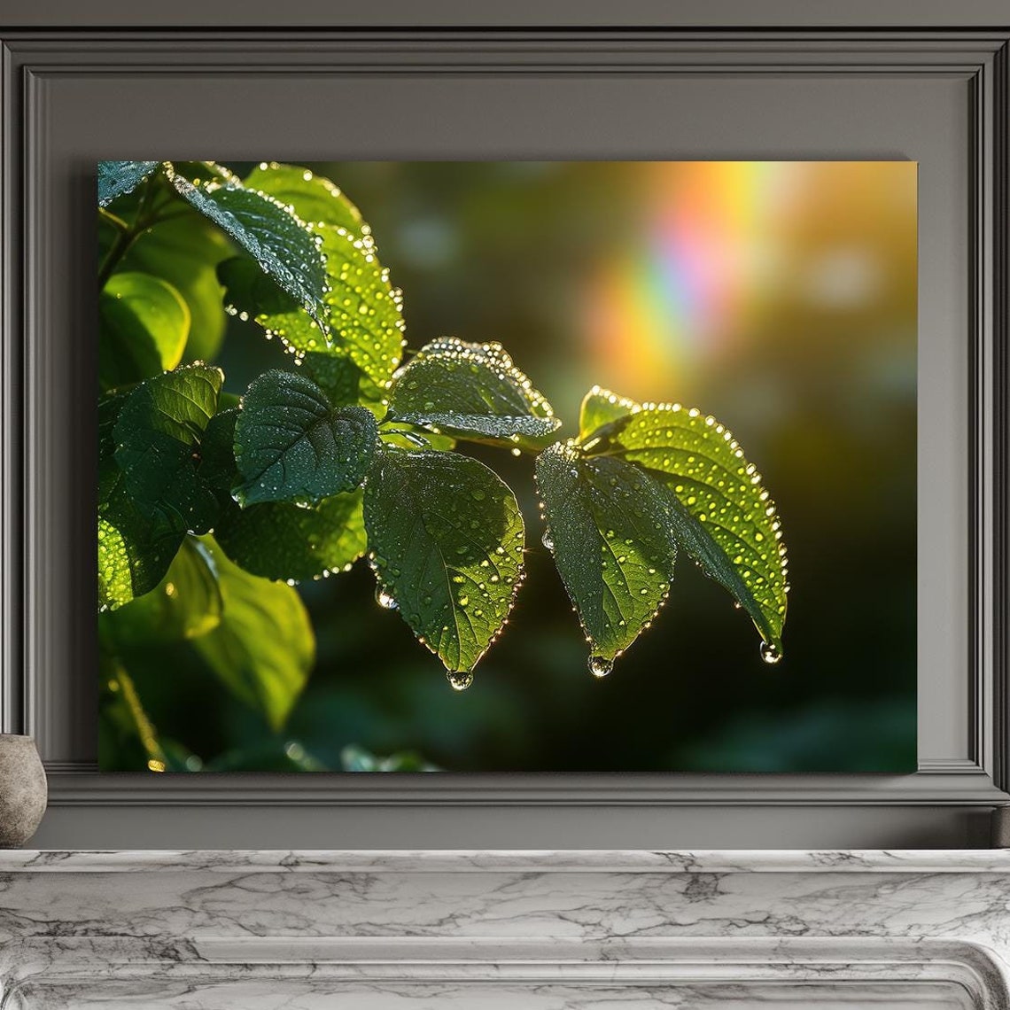 Fresh Sunlit Dew Drops Green Leaves Macro Morning Light Poster