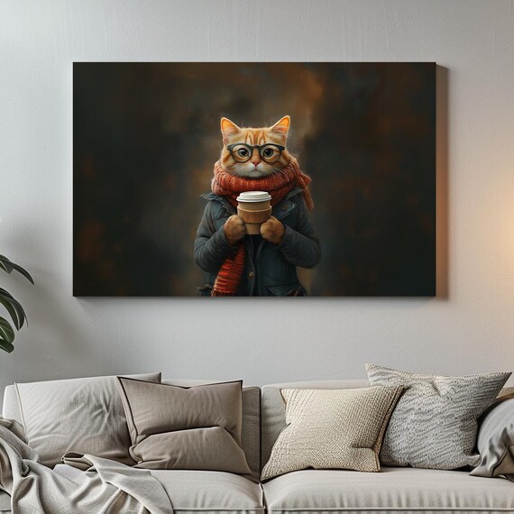 Orange Tabby Cat Glasses Holding Coffee Cozy Winter Animal Portrait Poster