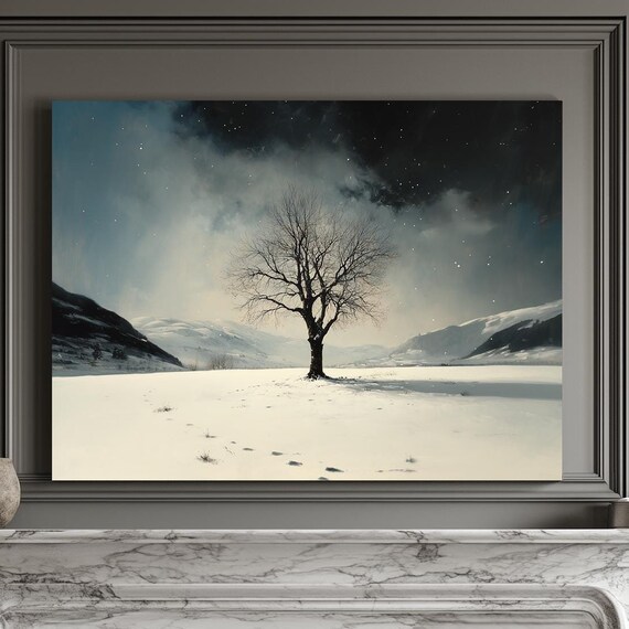 Lone Tree Under Starry Winter Night Sky Snowfield Art Poster