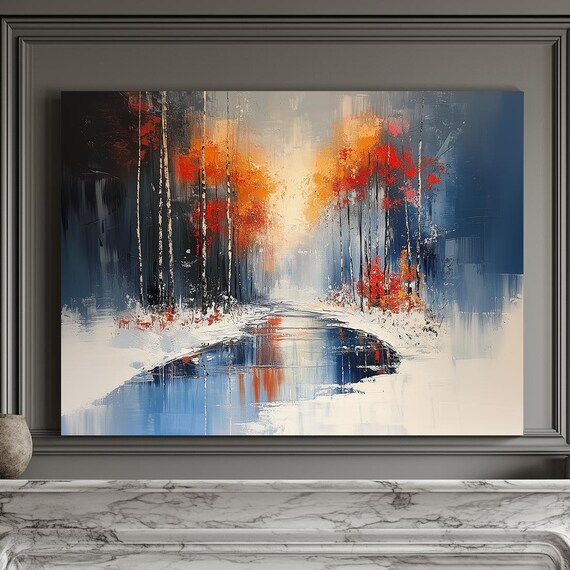 Abstract Winter Forest With Bright Orange Foliage Snow Path Poster