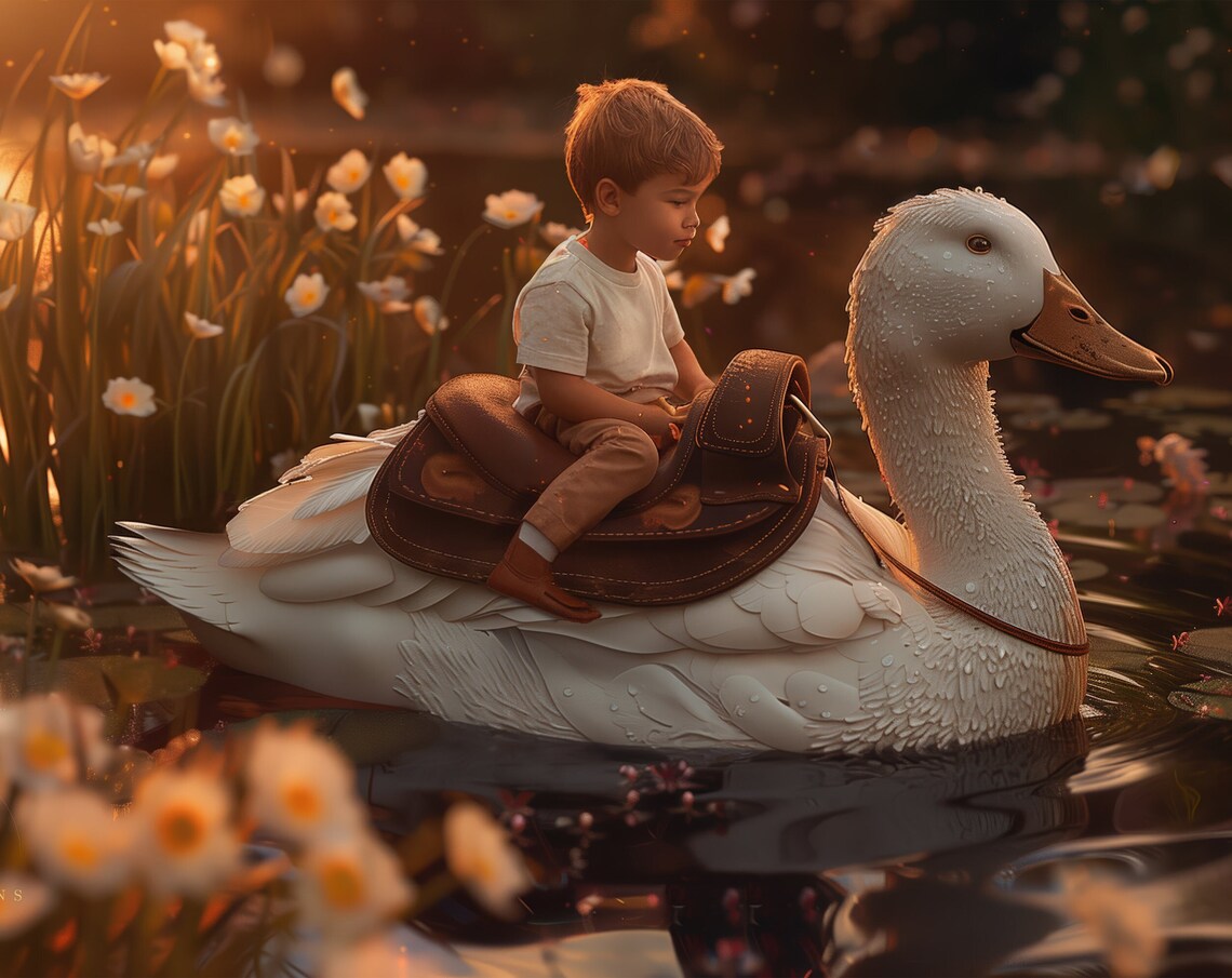 Little Boy Riding Giant White Goose Sunset Pond Storybook Art Poster