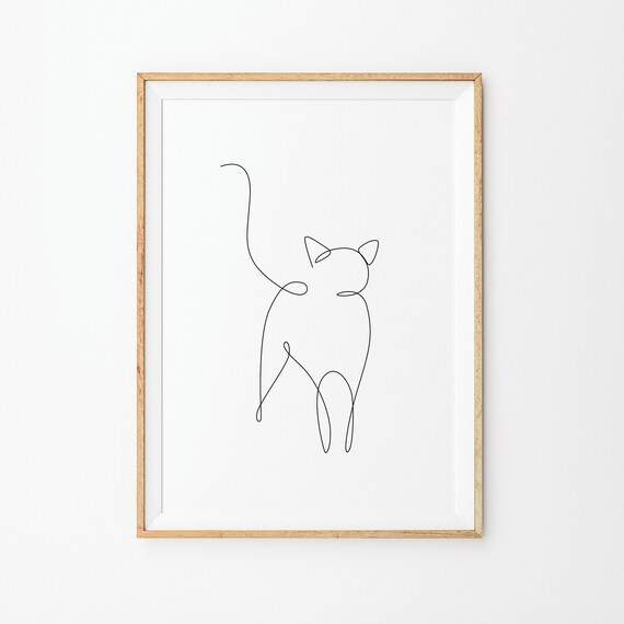 Walking Away Cat Single Continuous Line Drawing Minimalist Poster