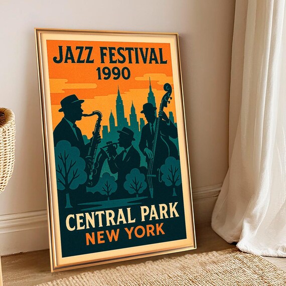 Minimalist Jazz Poster Vintage 1990s Festival Print Retro Music Wall Decor Saxophone And Trumpet Illustration Printable Art