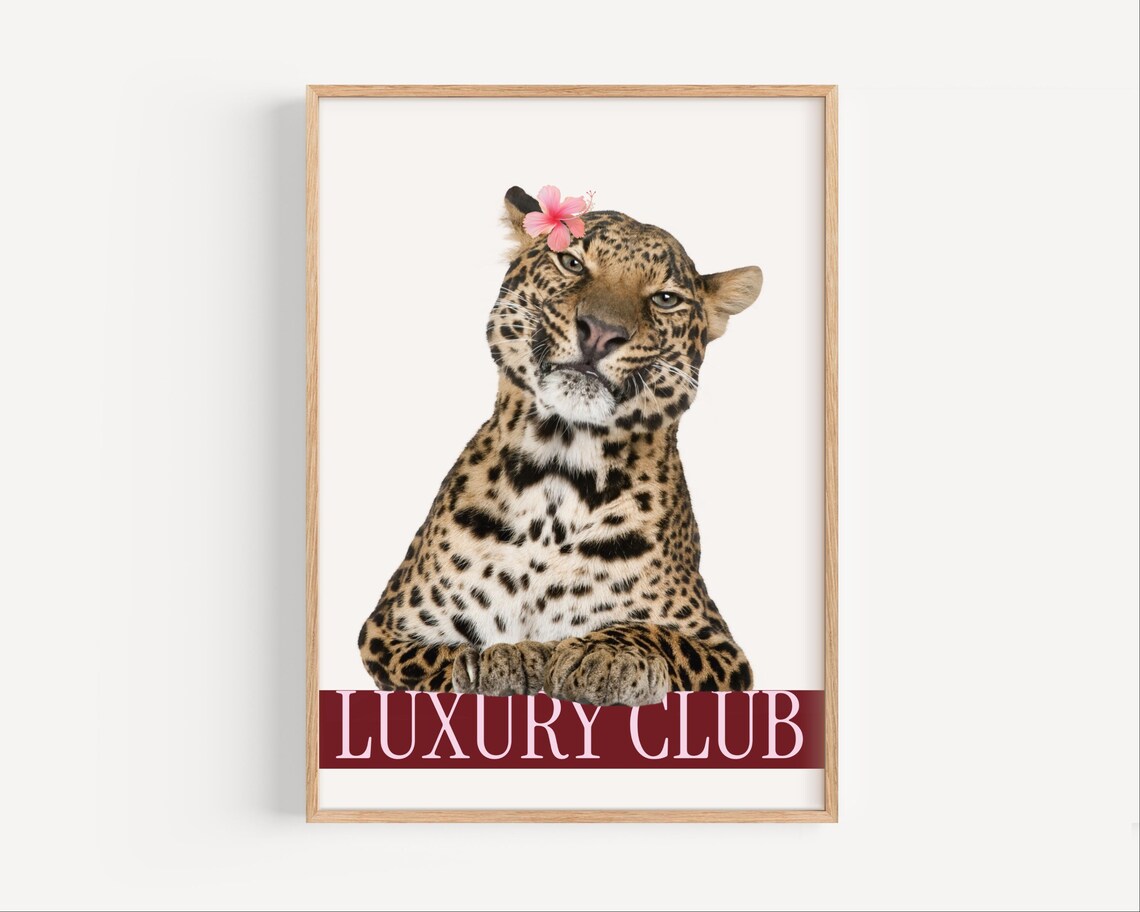 Leopard With Hibiscus Flower Print Luxury Club Wall Art