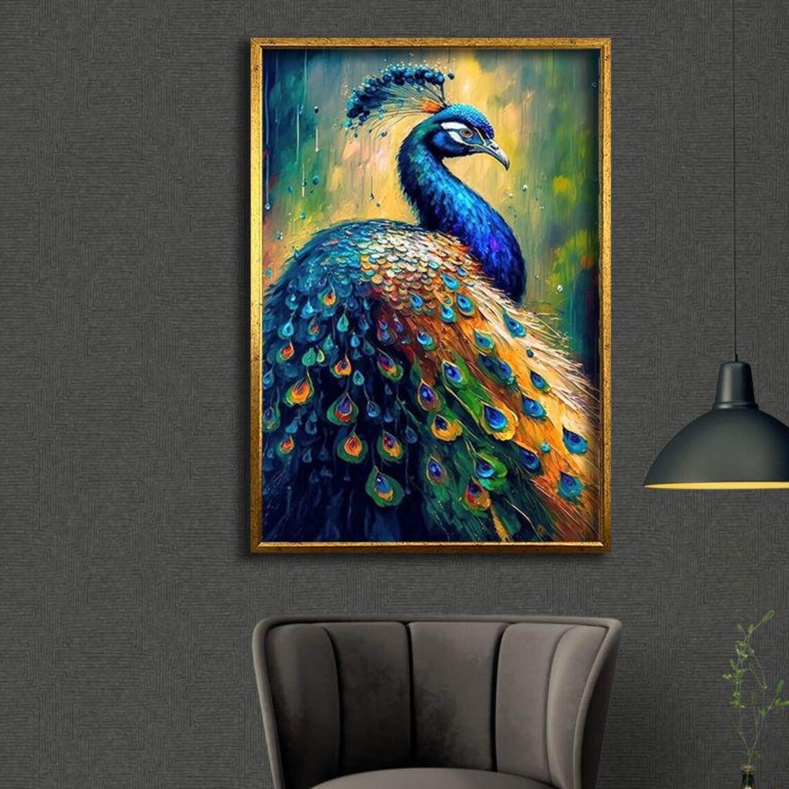 Majestic Peacock Vibrant Plumage Colorful Oil Painting Animal Print