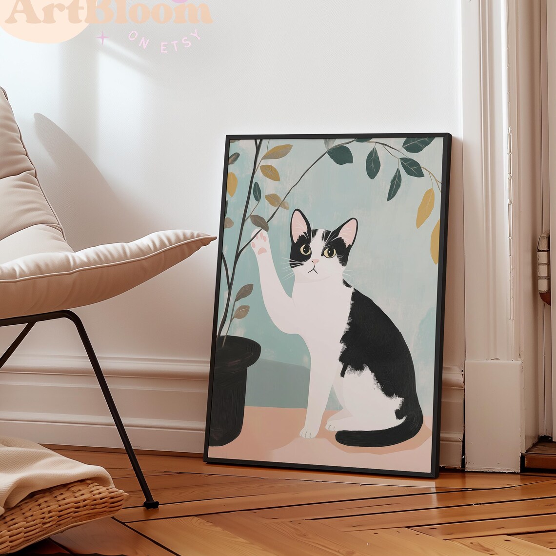 Black And White Tuxedo Cat Reaching For Leaf Playful Art Poster